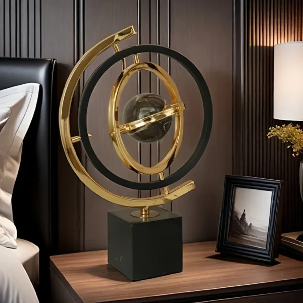 360-Degree Rotating Modern Abstract Metal Globe Sculpture with Rectangular Stand - Black & Golden Art Decor for Home or Office