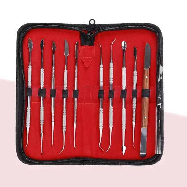 10Pcs Dental Wax Carving Tool Kit Stainless Steel Teeth Sculpting Set w/PU Holder Dentist Lab Instruments for Wax Modeling