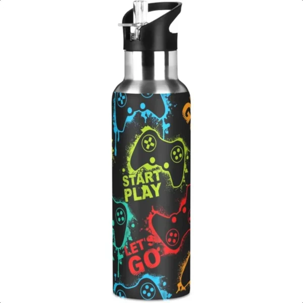 Video Game Boys Joystick Water Bottle Colorful Gamepad Insulated Sports Vacuum Stainl Steel Mug with Straw Lid Handle 20 oz