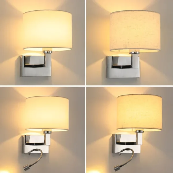 LED Wall Lamp Round Fabric Lampshade With 3W 360° Rotation Spotlight Reading Light Modern Wall Sconce for Bedroom Bedside Hotel