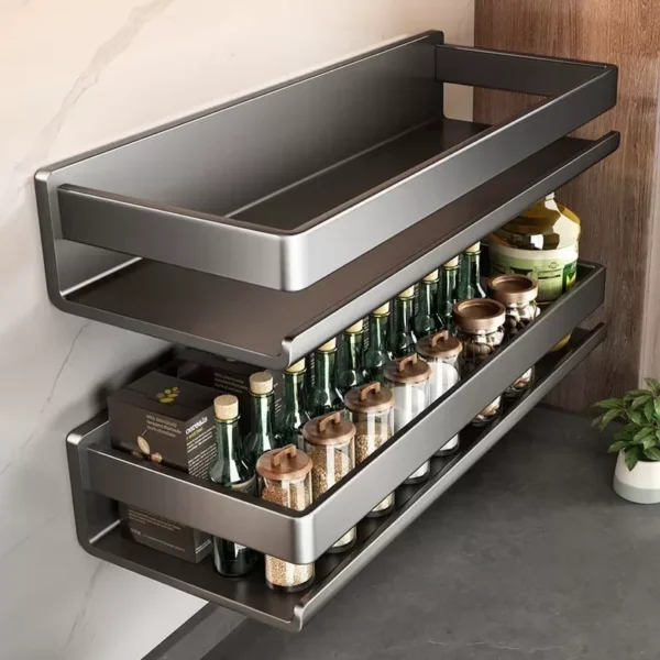 Metal Wall-Mounted Spice Rack Multifunctional Item Shelf Hooks Condiment Storage Organizer Rack Organizer Kitchen Accessories